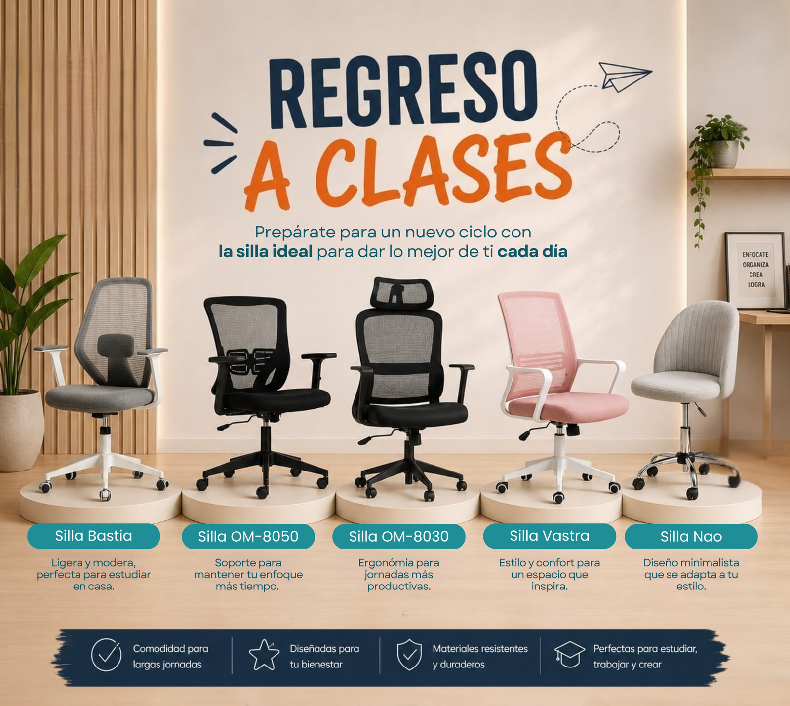 Sillas y mobiliario ejecutivo de oficina para regreso a clases, estudiantes, home office, estudiar en casa